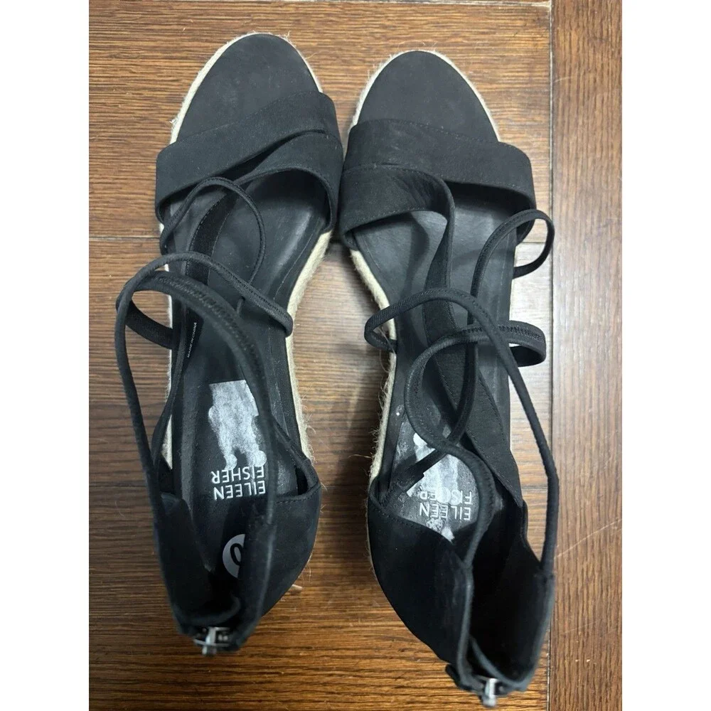 Eileen Fisher Wanda Tumbled Nubuck Espadrille Sandals in Black Size 10 NWOB